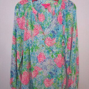 Tropical Silk Blouse Top Elsa Easy Fit Pink Aqua
